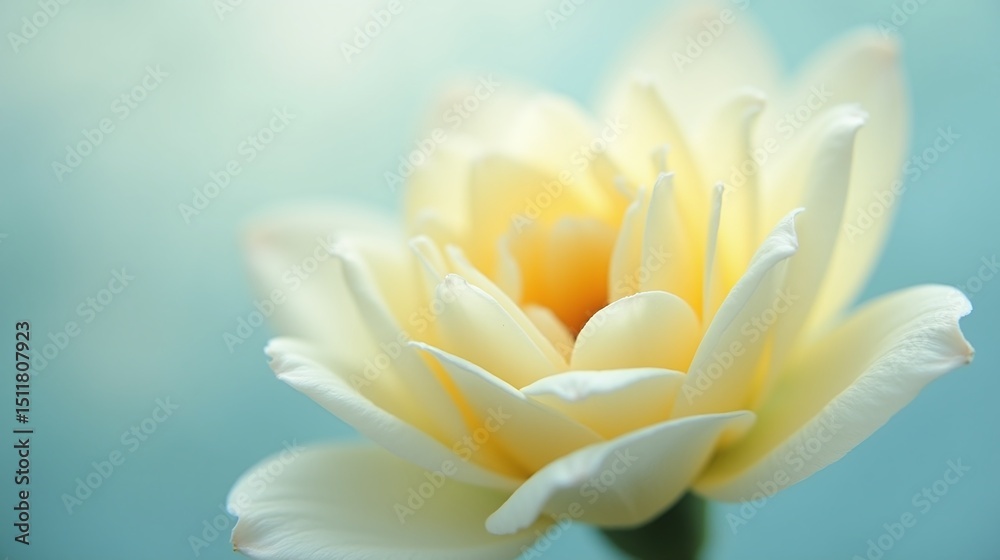 Fototapeta premium A delicate, pale yellow flower against a soft, blue background.