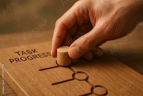 hand moving a wooden peg along a carved groove representing task progress