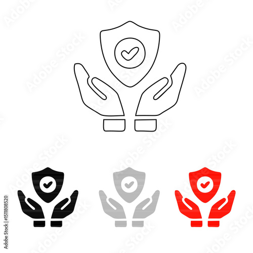 a hand icon with a shield on it, a line icon there is a dark white and red black color