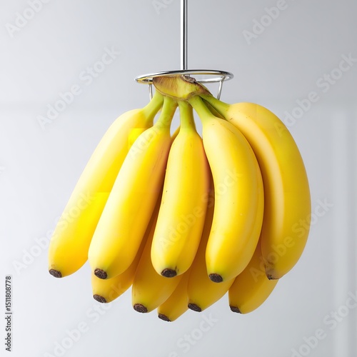 Ripe yellow bananas hanging on a metal banana holder kitchen fruit healthy eating tropical food fresh produce 100