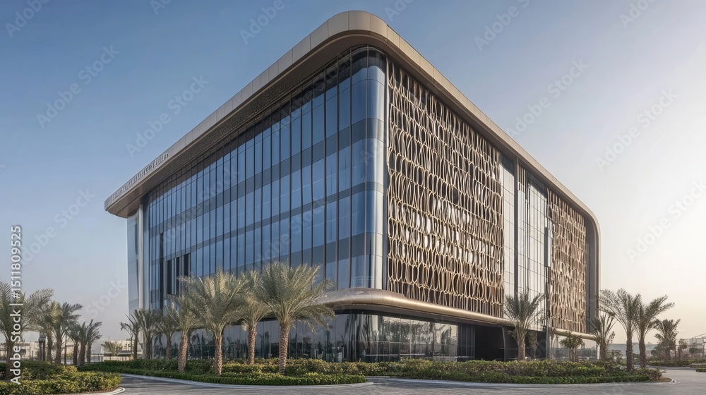 Obraz premium Modern building with glass and metal facade, palm trees
