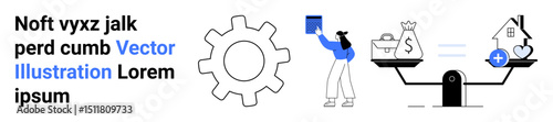 Gear symbolizes process, person holds files, scales compare money and home ownership. Ideal for finance, investment, housing, economy, balance, business simple landing page