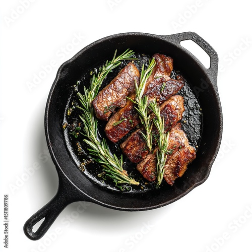 Delicious steak recipe in cast iron skillet with rosemary food photography and food styling gourmet dish