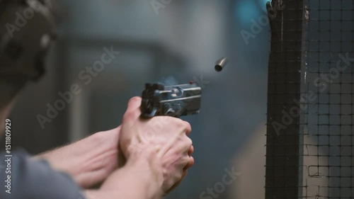 A man practices shooting a pistol in a shooting range while wearing protective headphones