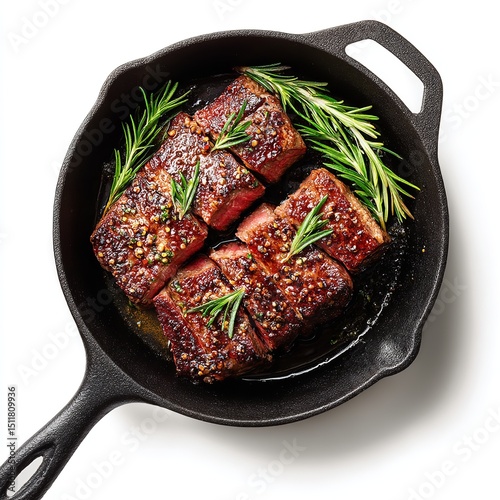Delicious steak recipe in cast iron skillet with rosemary and seasonings for dinner party ideas