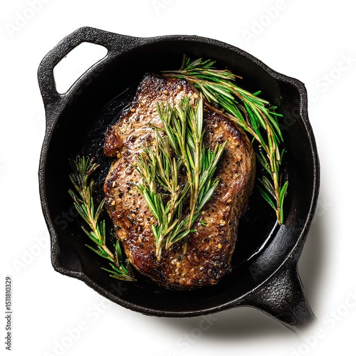 Delicious steak rosemary in cast iron skillet food photography and cooking recipe gourmet dish top view