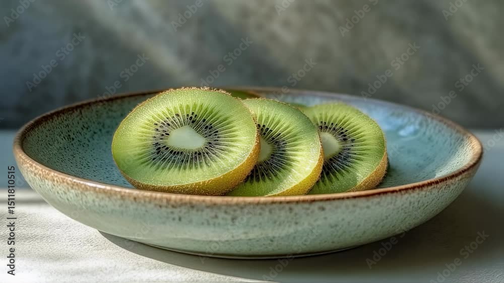 Vibrant kiwi slices in rustic bowl illuminated by natural light