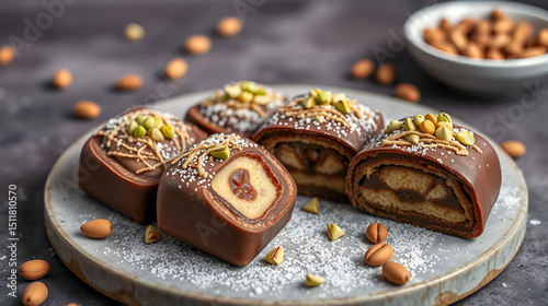 Trend Dubai chocolate with pistachio nut paste and kataifi doug. Trendy cocoa spread dessert banner
