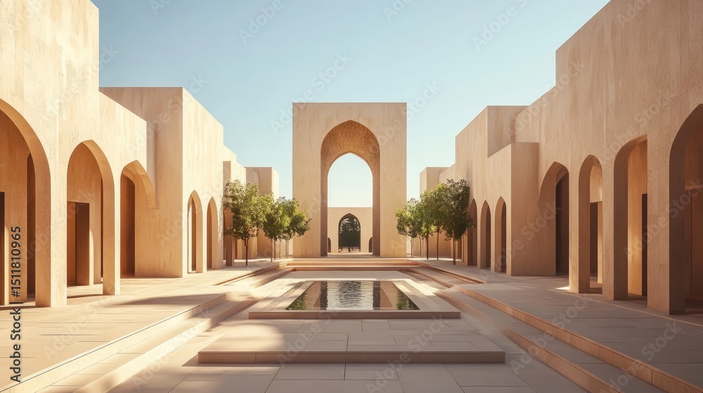 Fototapeta premium Sun-Drenched Courtyard with Geometric Architecture and Reflecting Pool