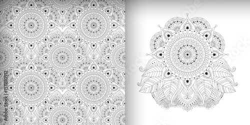 Black and white abstract seamless pattern and ornament with ethnic ornaments, mandalas. Oriental and Asian-inspired patterns.