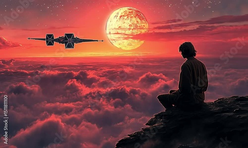 A lone figure sits on a craggy peak, contemplating a crimson sunset and a starfighter above a celestial moon photo