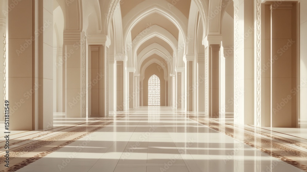 Obraz premium Sunlit Hallway with Elegant Arches and Intricate Designs