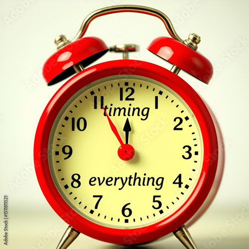 Red alarm clock closeup, featuring cream face and inscription 