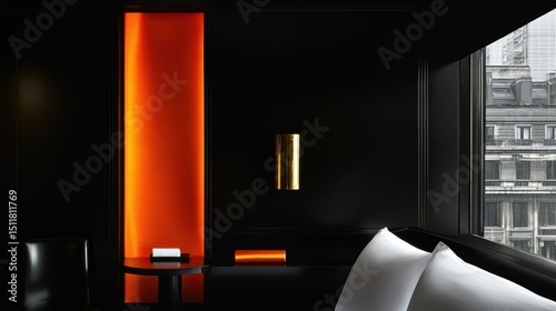 A modern hotel room with a black and orange color scheme.