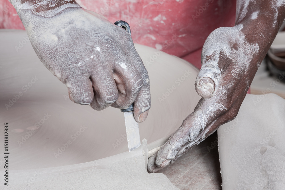 Fototapeta premium strong active hands working with pottery during the glazing process textured 