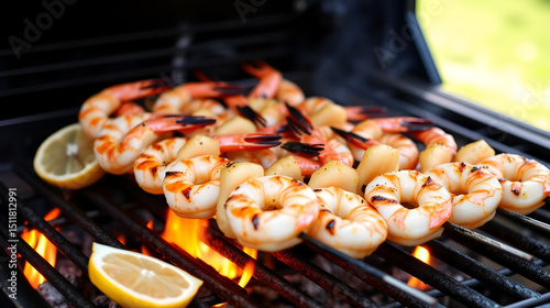 Multiple shrimp skewers are being grilled over an open flame, paired with lemon slices for tangy flavor, perfectly capturing the essence of a summer barbecue at the grill.