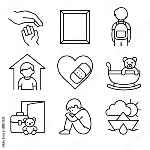 Vector icon set illustrating children's day with themes of orphan, kid's pain, alone  