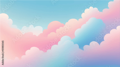abstract Soft pastel sky with fluffy clouds in pink and blue gradient tones, dreamy atmosphere, smooth transitions, no outlines, clean vector style.