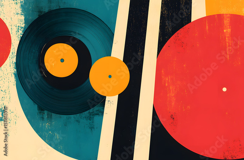 Abstract digital illustration of retro vinyl record in retro colors. Artistic vintage graphic design. Perfect poster, banner, flyer. Modern design for events, concerts, music festivals, leisure photo