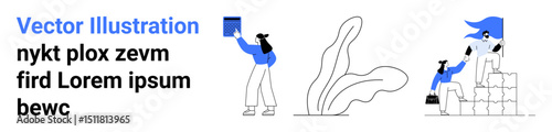 Characters in professional attire collaborating, climbing blocks, holding flags, and growing plants. Ideal for teamwork, collaboration, goal-setting, motivation, productivity support simple landing