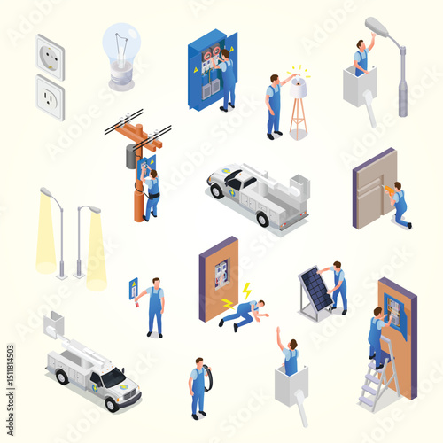 Electrician isometric set of technicians working with street lighting devices solar panels testing electrical equipment isolated vector illustration
