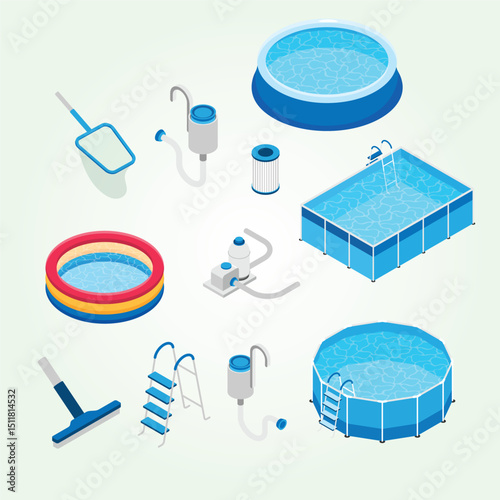 Isometric swimming pool equipment set with isolated icons of pumps cleanup tools round and square pools vector illustration
