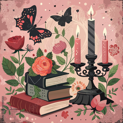 Romantic Book Still Life with Candles and Butterflies