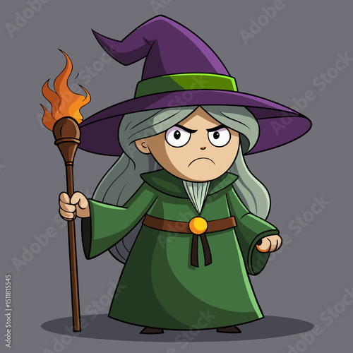Angry Cartoon Witch Holding a Burning Torch Staff