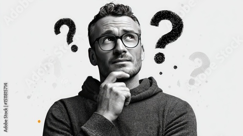 Pondering Questions: A contemplative man looks up in thought with question marks hovering, capturing moments of deep reflection and pondering.