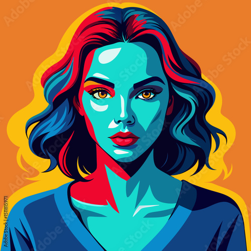 Abstract Portrait of a Woman with Vibrant Red and Blue Hair