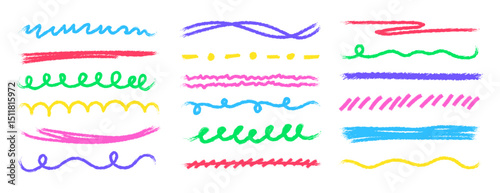 Set of colorful crayon brush squiggle, straight, curly, dashed lines. Doodle chalk effect underlines