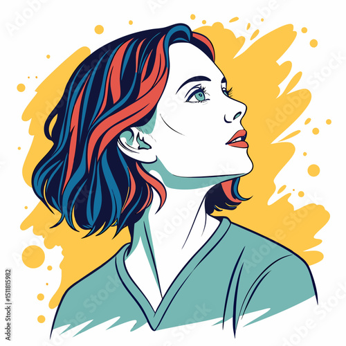 Stylish Woman with Red and Blue Hair Looking Upward