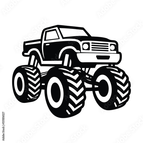 Monster truck silhouette vector art illustration, Bold black monster truck displays striking silhouette on white for dynamic off road adventures