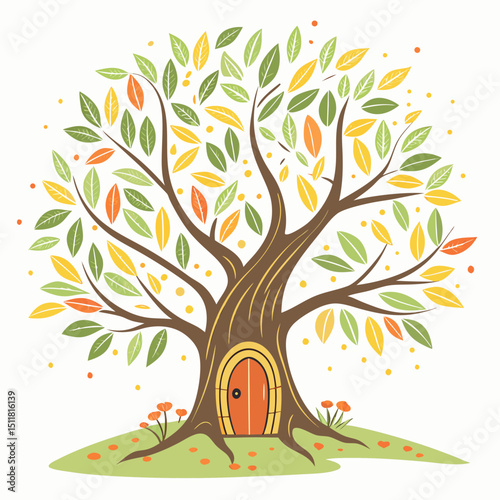 Autumn Tree House Illustration with Orange Door and Colorful Leaves