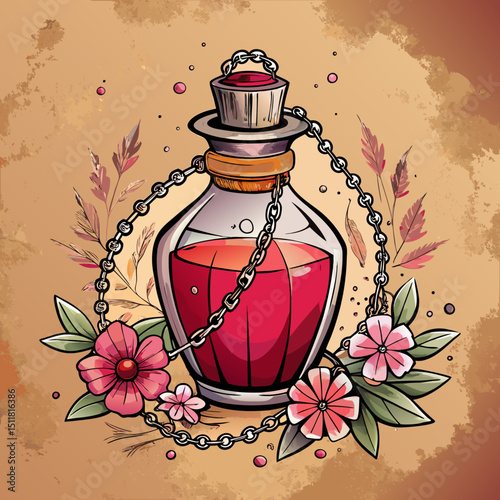 Ornate Glass Bottle with Red Liquid and Floral Accents