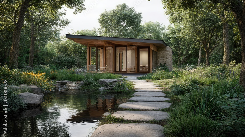 Serene Forest Retreat: A modern cabin harmoniously blends with the surrounding forest, offering a tranquil escape with a pathway leading to a small lake. Serene Forest Retreat: A modern cabin harmoniously blends with the surrounding forest, offering a tranquil escape with a pathway leading to a small lake.