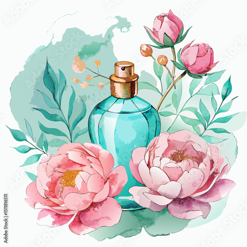 Elegant Teal Perfume Bottle with Pink Peonies and Watercolor Leaves