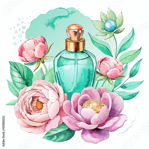 Elegant Teal Perfume Bottle with Watercolor Peonies and Flowers