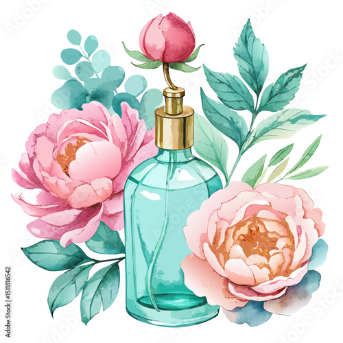 Elegant Watercolor Perfume Bottle with Pink Peonies and Greenery