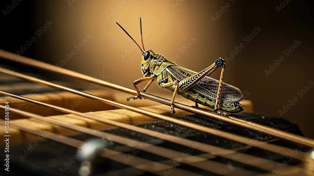 A grasshopper resting on the strings of a classical guitar.