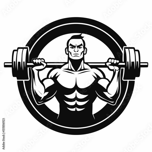 Strong Muscular Man Weightlifting Heavy Barbell in Circle