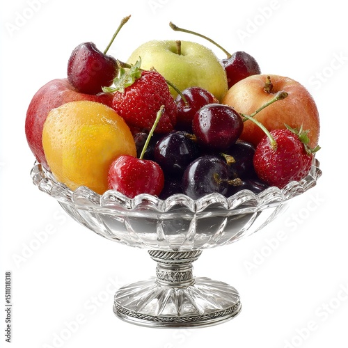 Fresh fruit bowl still life photography with apple cherries strawberries and other fruits on white background