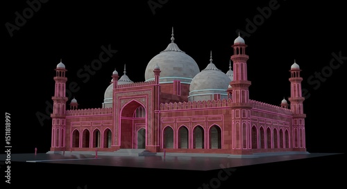 Badshahi Mosque 3D render, neon-lit arches and domes, cyberpunk style fusion, futuristic Islamic architecture, isolated on black background, ultra HD, high resolution, 32k