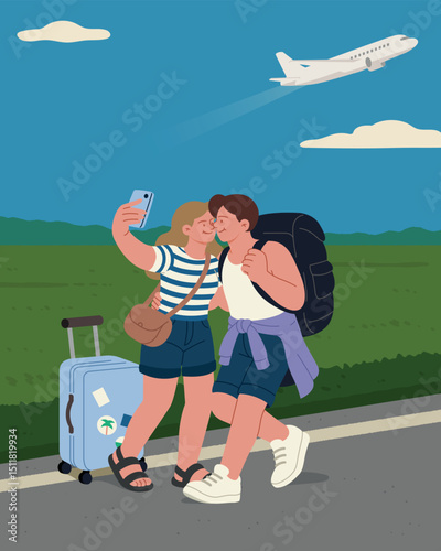 Couple taking a selfie before leaving for summer vacation