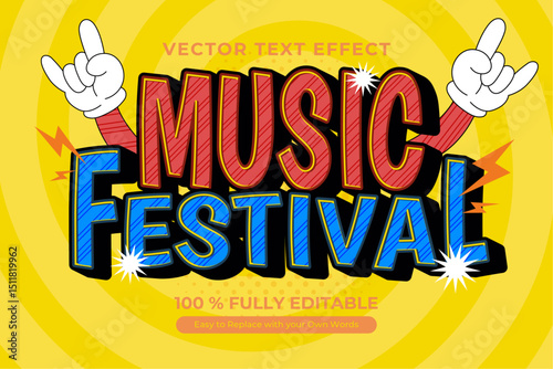 Cartoon Music Festival text effect graphic with 3D letters hand signs and yellow spiral background