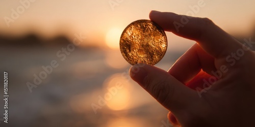 Hand holding a coin at sunset