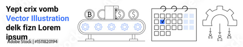 Production line with gear icons, coins representing currencies, calendar with highlighted date, and gear flowchart system. Ideal for automation, finance, planning, productivity, scheduling workflow