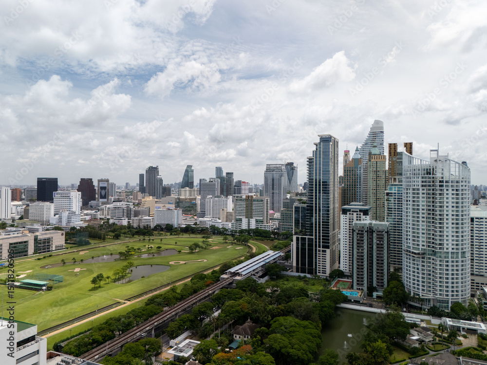 Fototapeta premium Ratchadamri Road Bangkok, Thailand, skyline golf Central world area aerial drone view - concept of city, Asia 