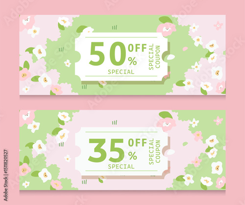 Spring sale horizontal banners surrounded by flowers. Gift tag for seasonal discount.Brightly colored flowers in a flat style. Vector illustration	
