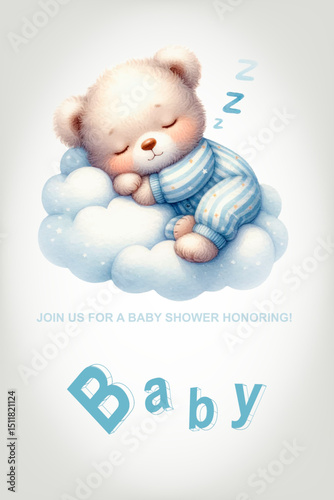 Little Teddy Bear Sleeping Hugging a Cloud. Birthday Invitation.